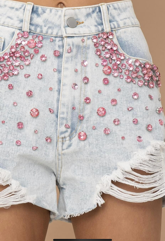 Distressed Denim Pink studded shorts